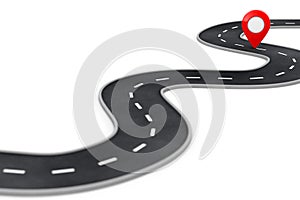 Winding Road with Destination Red Pin Target Pointer in the End of Road. 3d Rendering