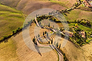 Winding Road and Fields in Pienza Italy Aerial View