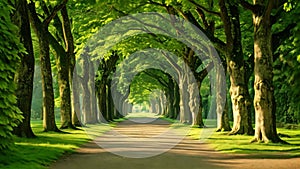 A winding road flanked by a symmetrical row of tall trees stretches into the distance, A tree avenue basking in the warm sunlight