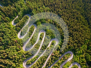 Winding road through the forest, from high mountain pass, in summer time. Aerial view by drone. Brasov, Romania. This view is