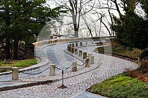 Winding road through Fort Tryon Park, Upper Manhattan, New York