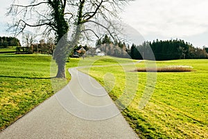 Winding road through Germany farm in spring, green fields and meadows