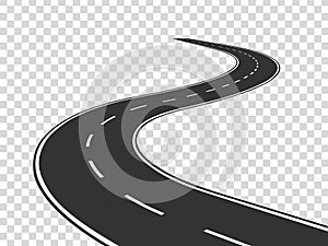 Winding road. Journey traffic curved highway. Road to horizon in perspective. Winding asphalt empty line isolated