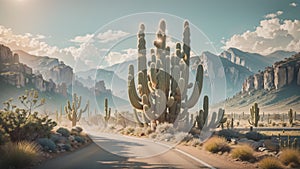 The winding road meanders through the vast expanse of the desert, flanked by resilient cacti that stand tall against the harsh