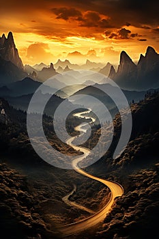 Winding road passing through a mountainous landscape at sunset, AI-generated,