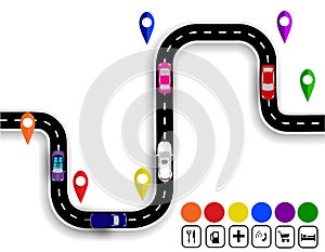 Winding road with signs. Stylized driveshaft. Movement of vehicles. The path specifies the navigator. illustration