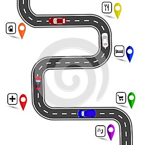 Winding road with stops signs. The path specifies the navigator. illustration