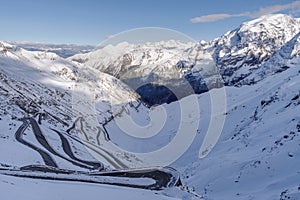 Winding road at the top of the Stelvio pass in Italy