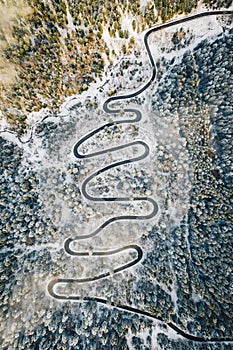 Winding road Transfagarasan in the Carpathian Mountains aerial view