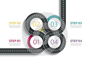 Winding road way location infographic template with a phased structure