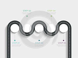 Winding road way location infographic template with a phased structure. Business circle template with options for brochure