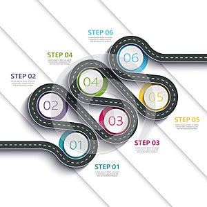 Winding road way location infographic template with a phased structure. Business circle template with options for brochure