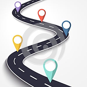 Winding Road on a White Isolated Background. Road way location infographic template with pin pointer