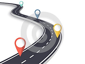 Winding Road on a White Isolated Background. Road way location infographic template with pin pointer. EPS 10