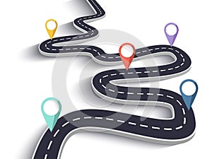 Winding Road on a White Isolated Background. Road way location infographic template with pin pointer. EPS 10