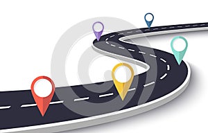 Winding Road on a White Isolated Background. Road way location infographic template with pin pointer. EPS 10