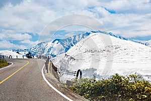 Winding roads with snow, mountains and the blue sky as the background