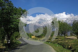 Winding roads of snow peaked himalayas, Kangra In