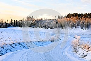 Winding Rural Road on a Winter Morning