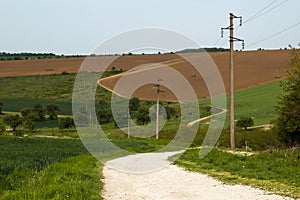 Winding rural way between pastures and crop fields, crossed by transmission towers