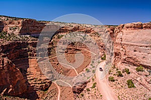 Winding Shafer Trail road in Canyonlands national park, Moab Utah USA
