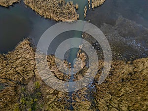 winding stream with ponds. people renewed the zigzagging cancel melioration, photo