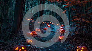 A winding trail in the woods adorned with intricately carved pumpkins, creating a magical atmosphere, Spooky forest pathway lined