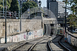 Winding tram tracks and street art