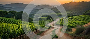 Winding Vineyard Path at Sunset: A Serene Journey Amidst the Grapes. Concept Vineyards, Sunset,