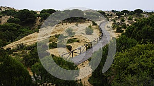 A winding wooden boardwalk across the dunes near Matalascanas, Province Huelva