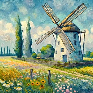 Windmil in a middle of a whimsical field, with beautiful flowers, plants, tree, sky, clouds, painting art, Van Gogh style
