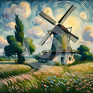 Windmil in a whimsical meadow, wildflower, tree, blue sky, clouds, Van Gogh style painting photo