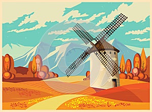 Windmill in autumn old poster