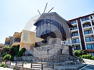 The windmill with blue sky in background in Nessebar, Bulgaria