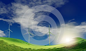 Windmill  and blue sky white cloud background. Wind-turbine on wind farm in rotation to generate electricity energy on outdoor