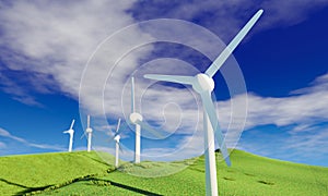 Windmill  and blue sky white cloud background. Wind-turbine on wind farm in rotation to generate electricity energy on outdoor