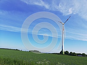 Windmill cloud grass sky blue sustainable energy summer Germany Northrhine-Westphalia