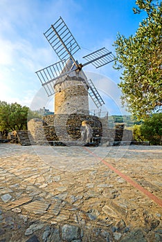 Windmill of Collioure with mornong lights in France