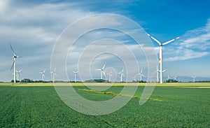 Windmill farm on an agricultural field on the North Sea coastline, Germany