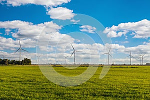 Windmill farm on green meadow under blue cloudy sky