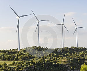 Windmill farm on hills landscape .Green eco energy concept