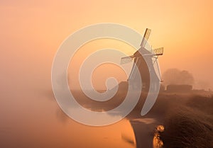 Windmill in foggy spring sunrise. A yellow windmill rises from a misty field