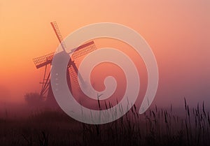 Windmill in foggy springtime morning. A yellow windmill rises from a misty field
