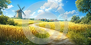 A windmill is in the foreground of a field of tall grass