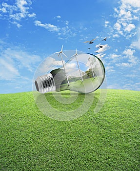 Windmill and forest inside light bulb with birds over green grass field and blue sky , Ecological concept