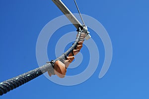 Windmill fragment on the blue sky background. Authentic Portugal. Freedom. Wonderful. Happens. Moinho ceramic Vento wind