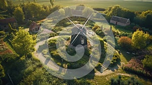 Windmill garden and blue sky in aerial view of green energ. AI Generative