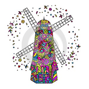 Windmill. Hand drawing isolated. Multicolored vector doodling.