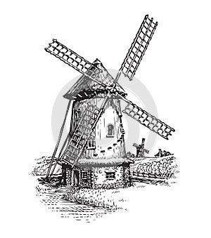 Windmill. Hand drawn vintage sketch vector illustration