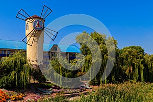 Windmill of Health on the shore of Khorol river in wellness resort Myrhorod, Ukraine